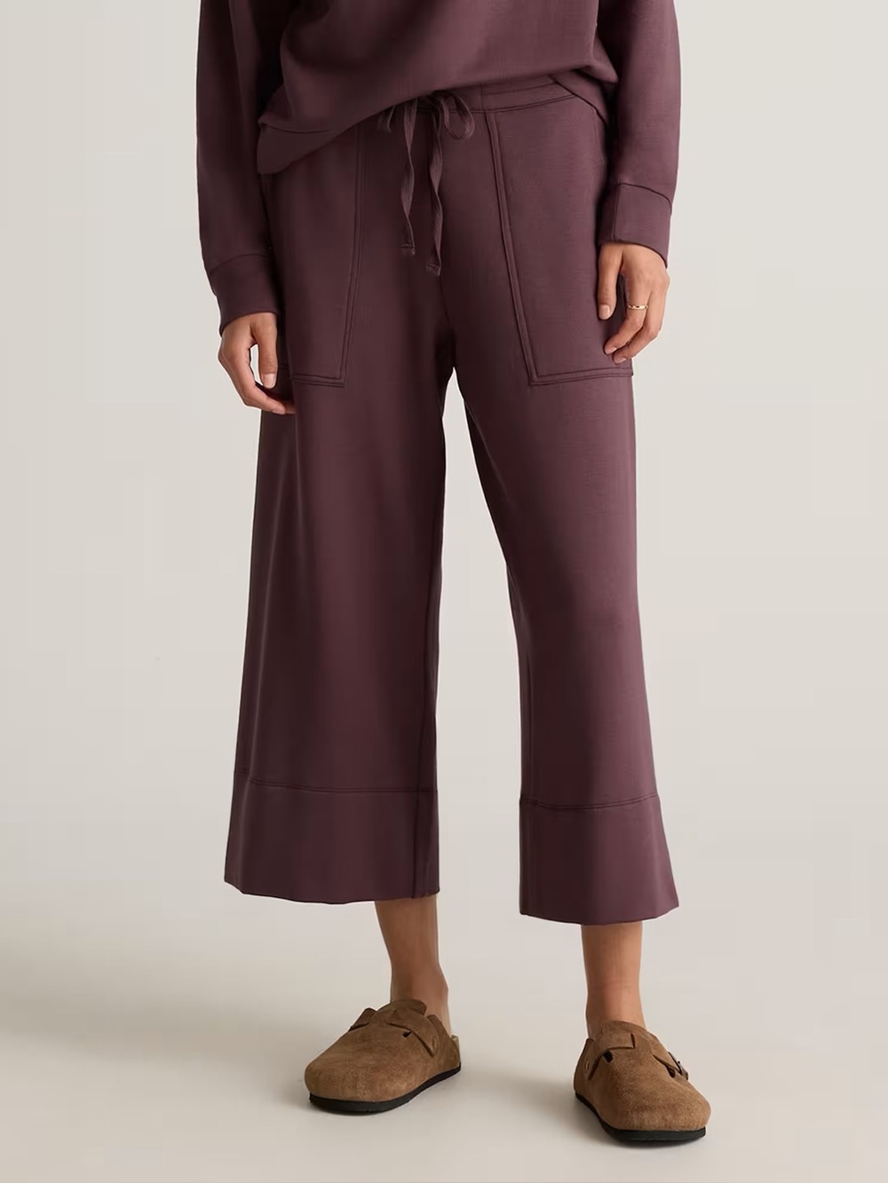 Quince Super Soft Fleece Cropped Wide Leg Pants in Dried Fig Size XS High Waist